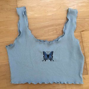 SHEIN Butterfly Embroidered Rib-Knit Lettuce Trim Tank/Crop Top